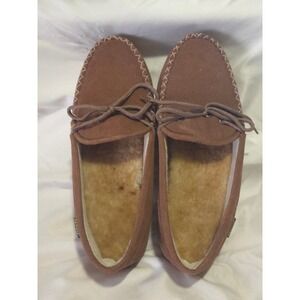 Old Friend Mens Loafer Moccasin Slippers Brown Suede Shearling Lined 12 W EUC